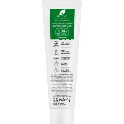Back of a 100ml Dr Organic Aloe Vera Whitening Toothpaste tube showing ingredients and directions on a white background.