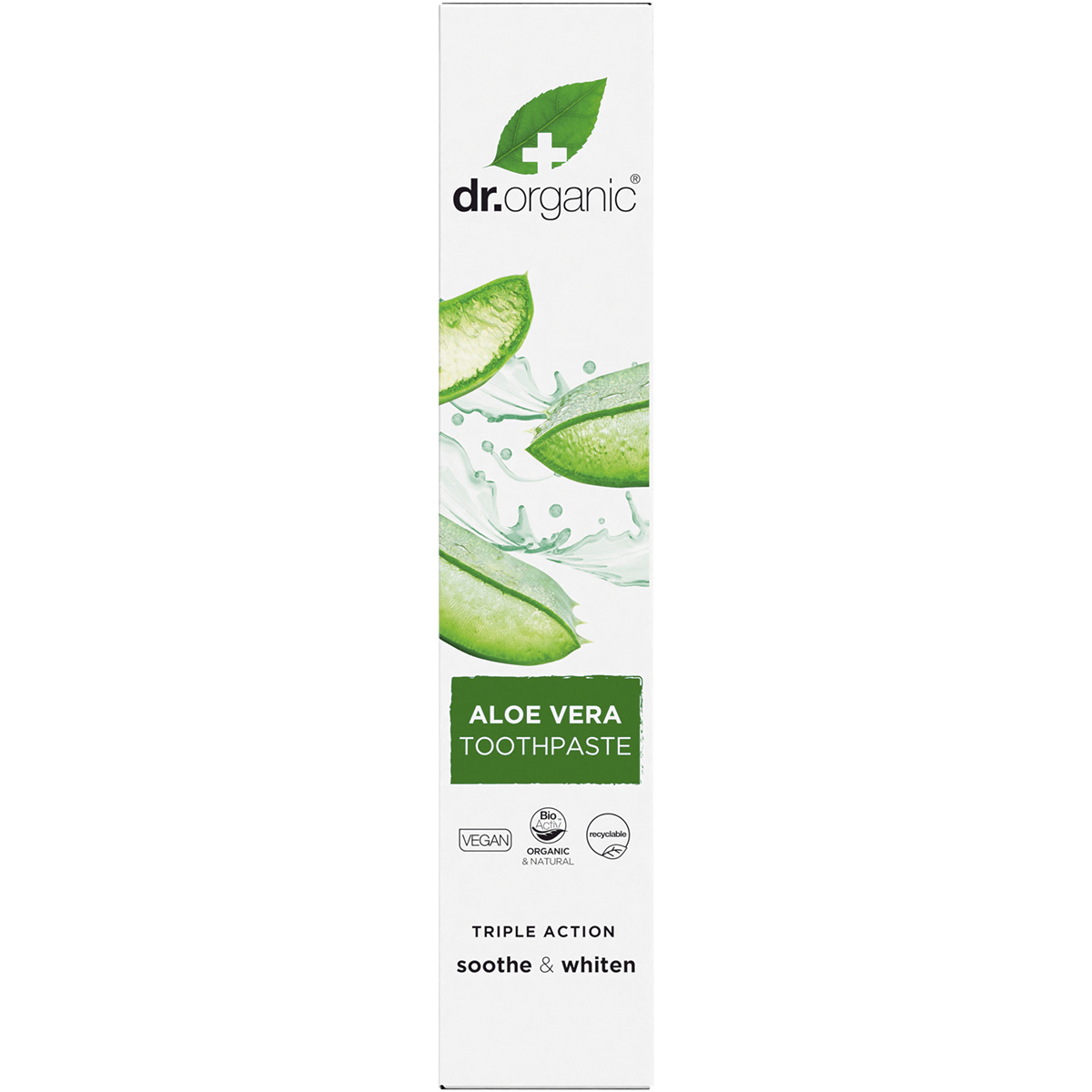 Front of Dr Organic Aloe Vera Whitening Toothpaste box with tea tree and peppermint on a white background.