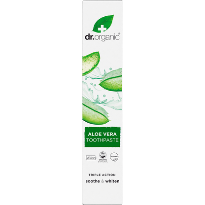 Front of Dr Organic Aloe Vera Whitening Toothpaste box with tea tree and peppermint on a white background.