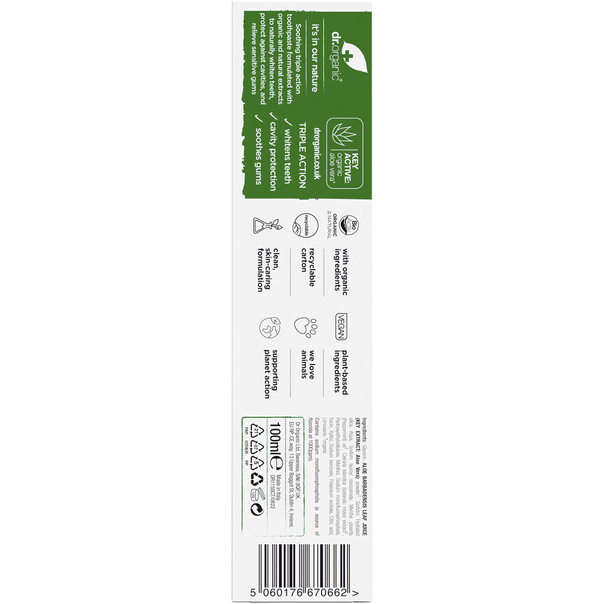 Back of Dr Organic Aloe Vera Whitening Toothpaste box showing ingredients, directions, and product details.