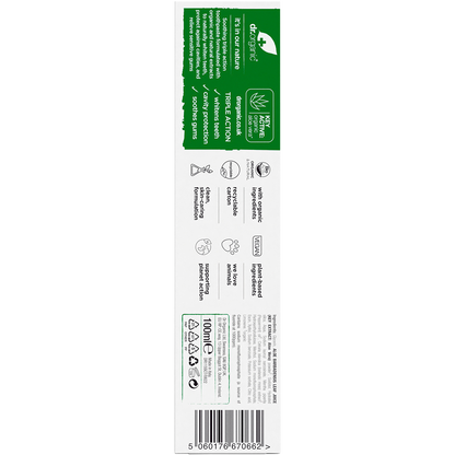Back of Dr Organic Aloe Vera Whitening Toothpaste box showing ingredients, directions, and product details.
