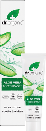Dr Organic Aloe Vera Whitening Toothpaste tube and retail box shown with a toothbrush on a white background.