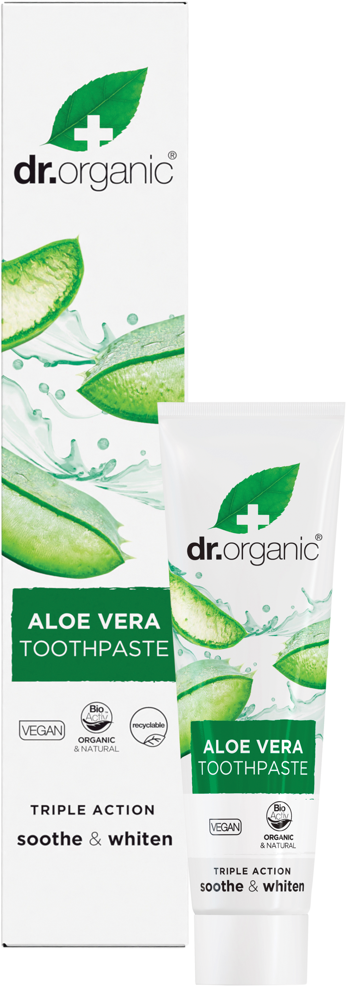 Dr Organic Aloe Vera Whitening Toothpaste tube and retail box shown with a toothbrush on a white background.