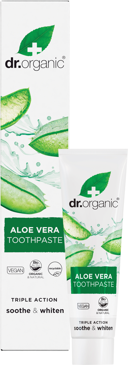 Dr Organic Aloe Vera Whitening Toothpaste tube and retail box shown with a toothbrush on a white background.