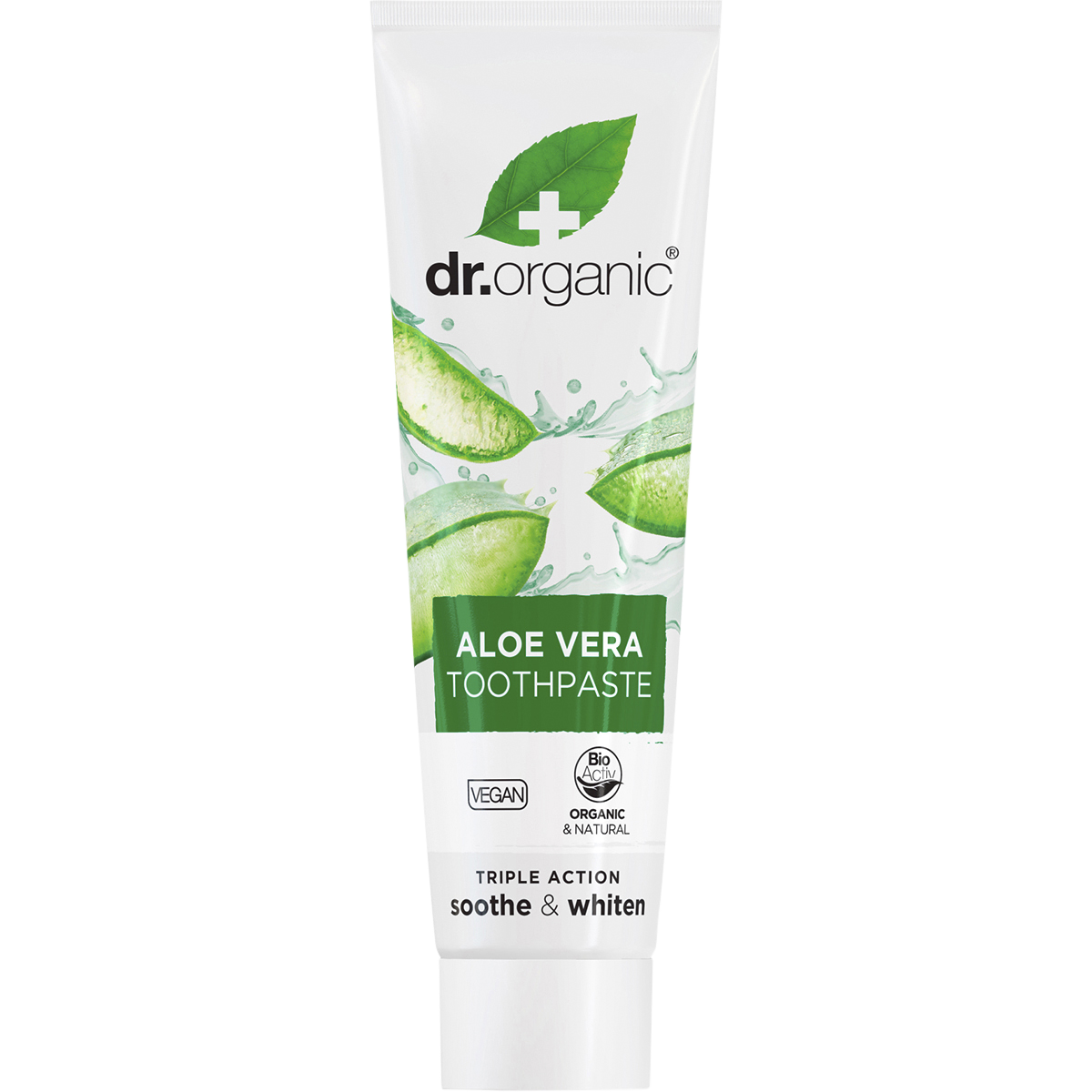 100ml tube of Dr Organic Whitening Toothpaste with Aloe Vera and peppermint on a white background.