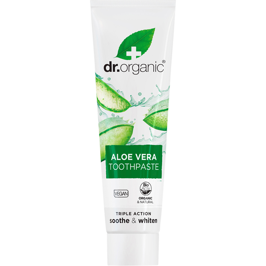 100ml tube of Dr Organic Whitening Toothpaste with Aloe Vera and peppermint on a white background.
