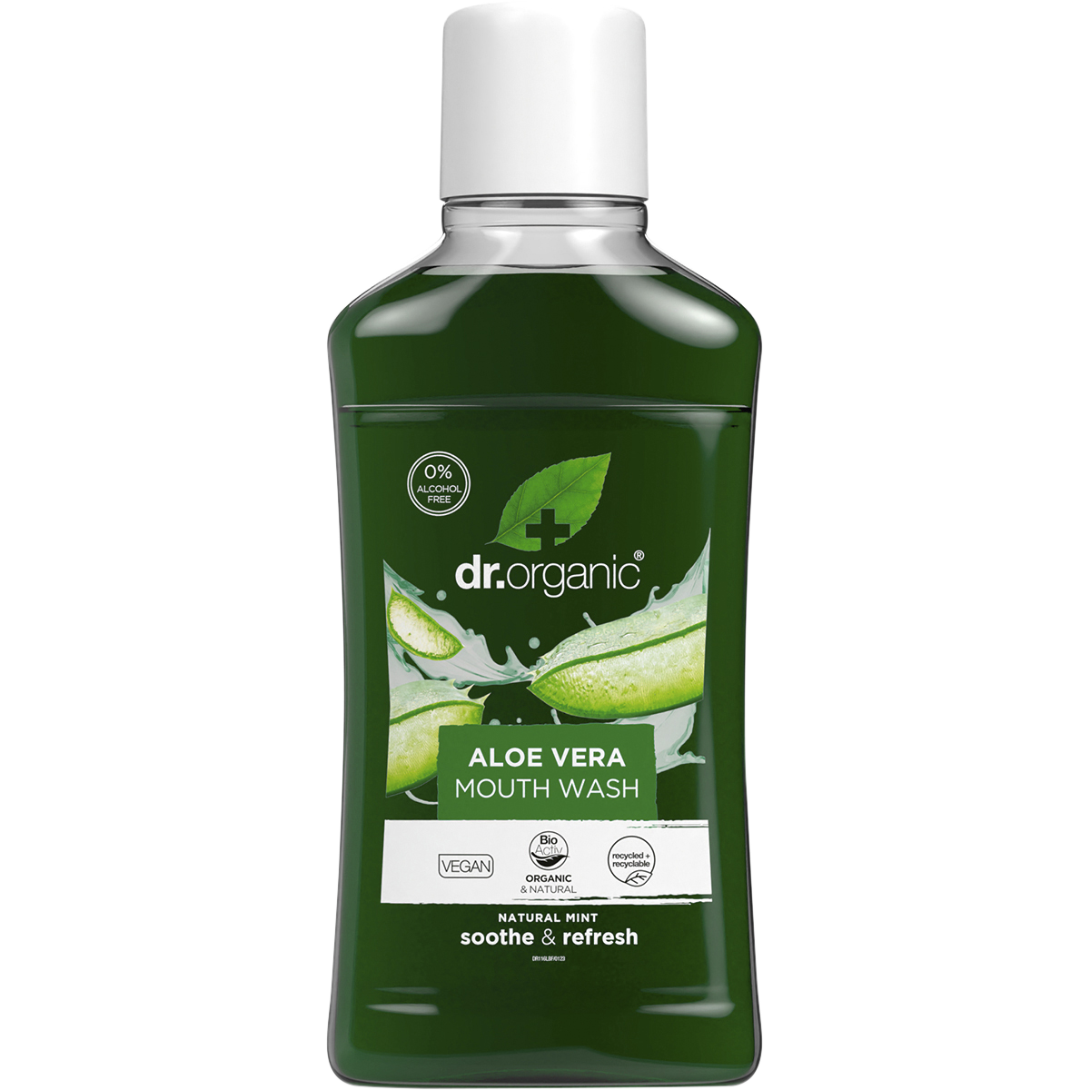 500ml bottle of Dr Organic Aloe Vera Mouthwash with a green and white label featuring a green aloe leaf illustration.