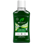 500ml bottle of Dr Organic Aloe Vera Mouthwash with a green and white label featuring a green aloe leaf illustration.