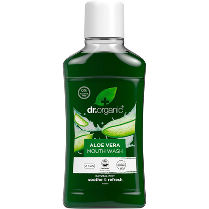 500ml bottle of Dr Organic Aloe Vera Mouthwash with a green and white label featuring a green aloe leaf illustration.