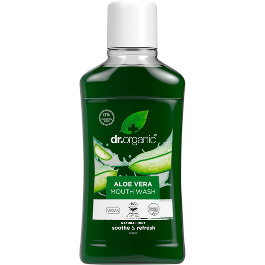 500ml bottle of Dr Organic Aloe Vera Mouthwash with a green and white label featuring a green aloe leaf illustration.