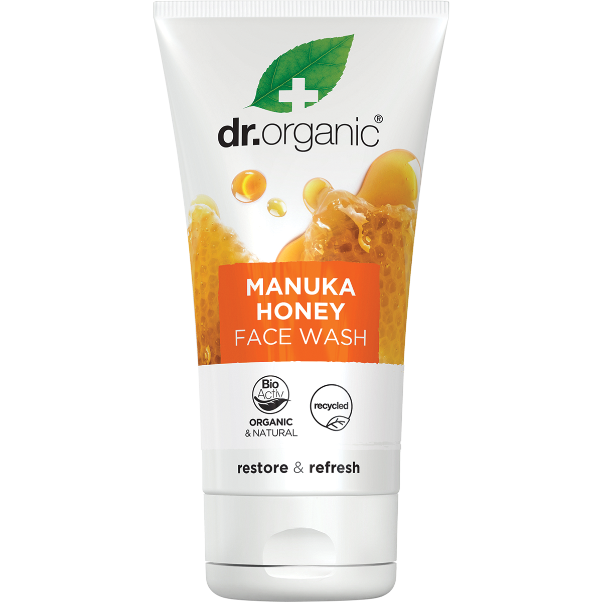 150ml tube of Dr Organic Manuka Honey Face Wash with a yellow and white label featuring honey and flower illustrations.