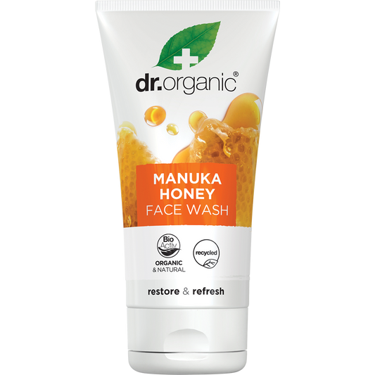 150ml tube of Dr Organic Manuka Honey Face Wash with a yellow and white label featuring honey and flower illustrations.