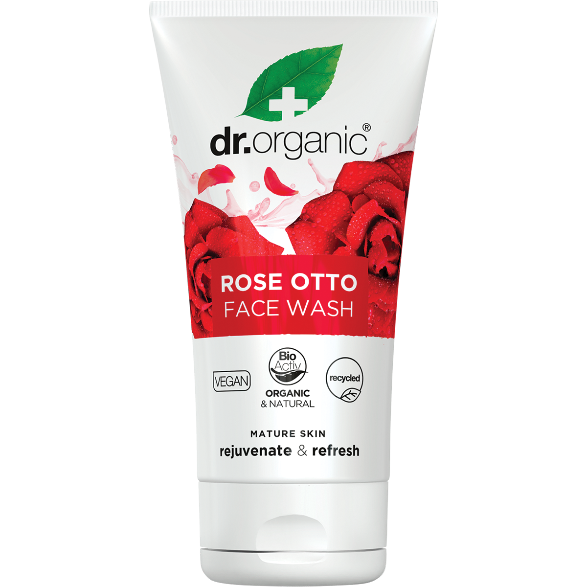 Dr Organic Rose Otto Face Wash 150ml tube with pink rose illustrations and organic bioactive ingredients.