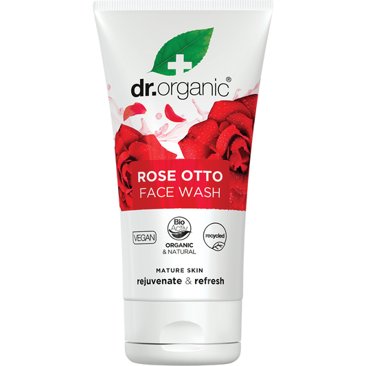 Dr Organic Rose Otto Face Wash 150ml tube with pink rose illustrations and organic bioactive ingredients.