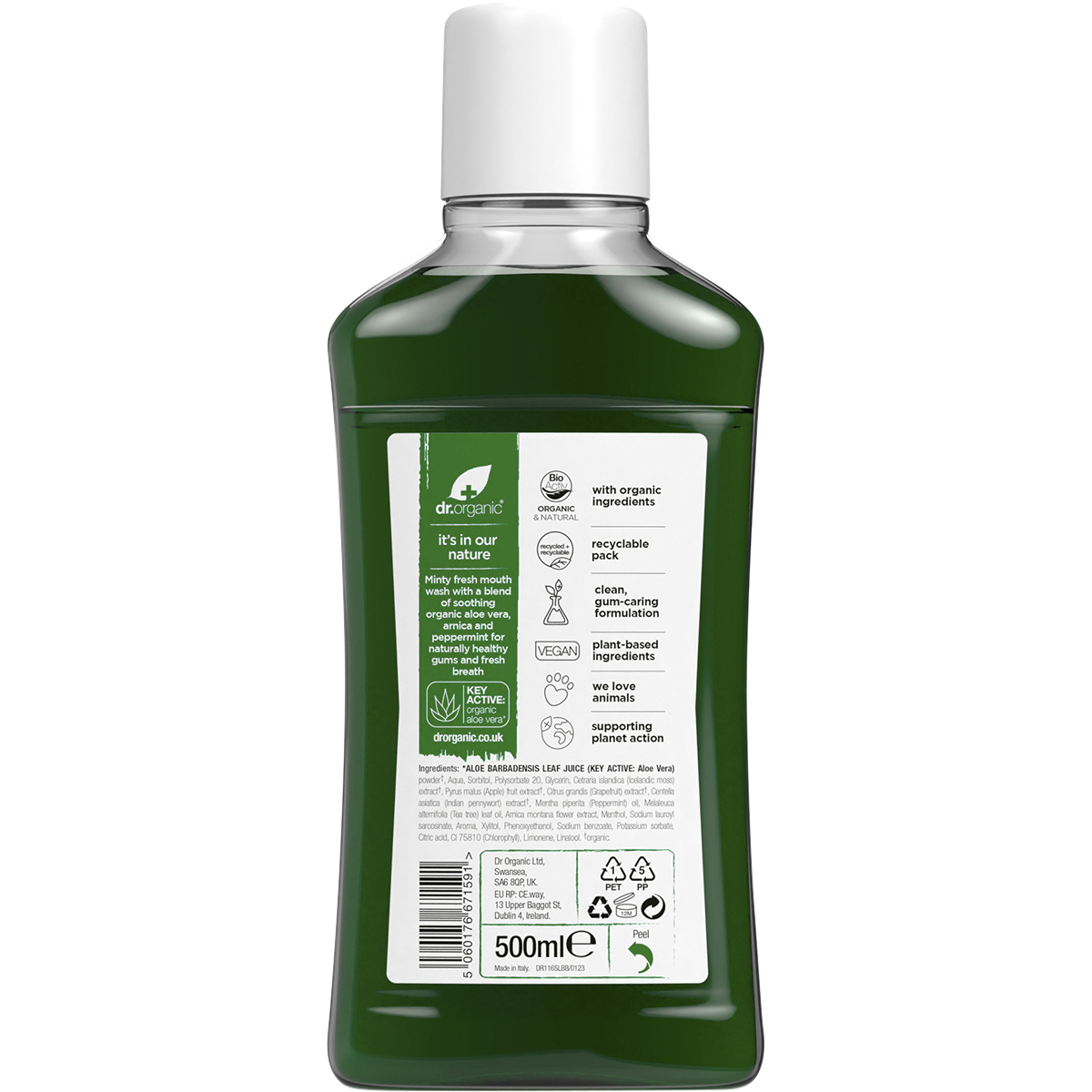Back of a 500ml Dr Organic Aloe Vera Mouthwash bottle showing ingredients, directions, and a green aloe leaf illustration.