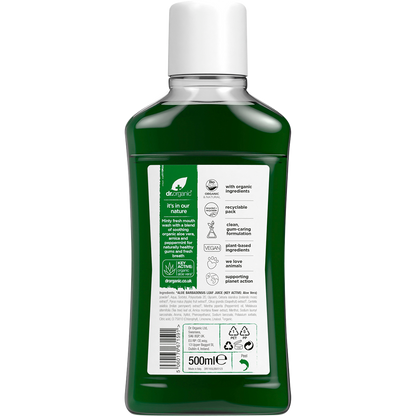Back of a 500ml Dr Organic Aloe Vera Mouthwash bottle showing ingredients, directions, and a green aloe leaf illustration.