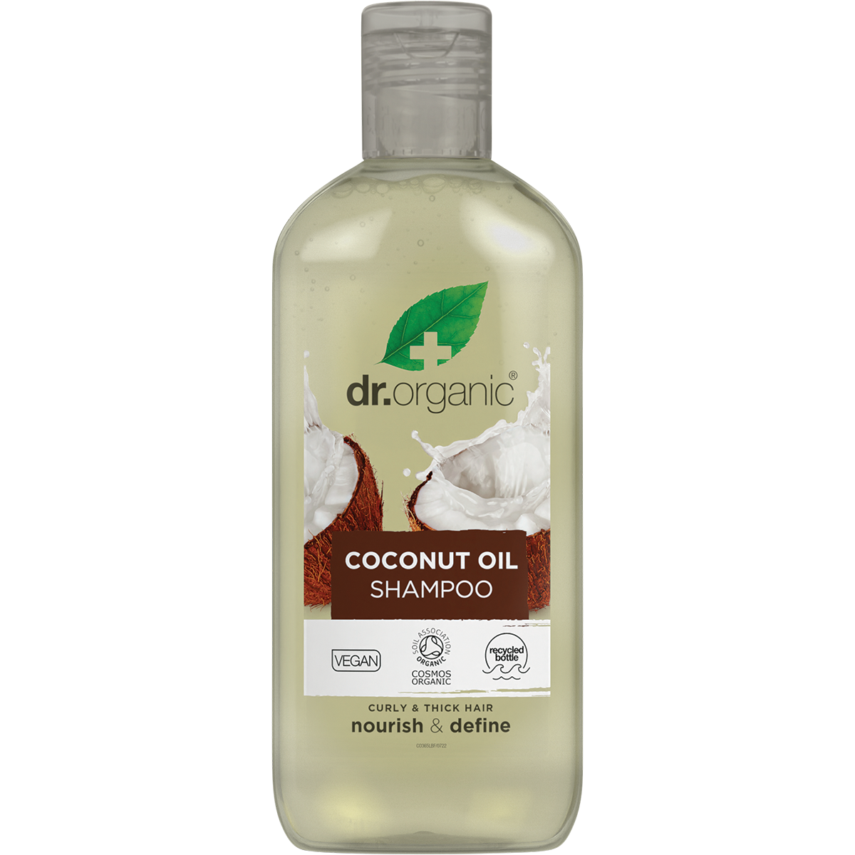 265ml bottle of Dr Organic Virgin Coconut Oil Shampoo with a white pump and tropical-themed label.