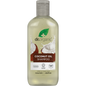 265ml bottle of Dr Organic Virgin Coconut Oil Shampoo with a white pump and tropical-themed label.