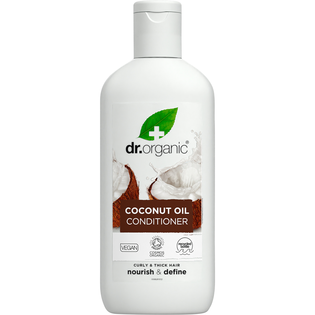 265ml bottle of Dr Organic Virgin Coconut Oil Conditioner for normal to dry hair on a white background.
