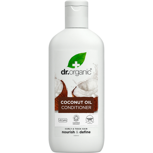 265ml bottle of Dr Organic Virgin Coconut Oil Conditioner for normal to dry hair on a white background.