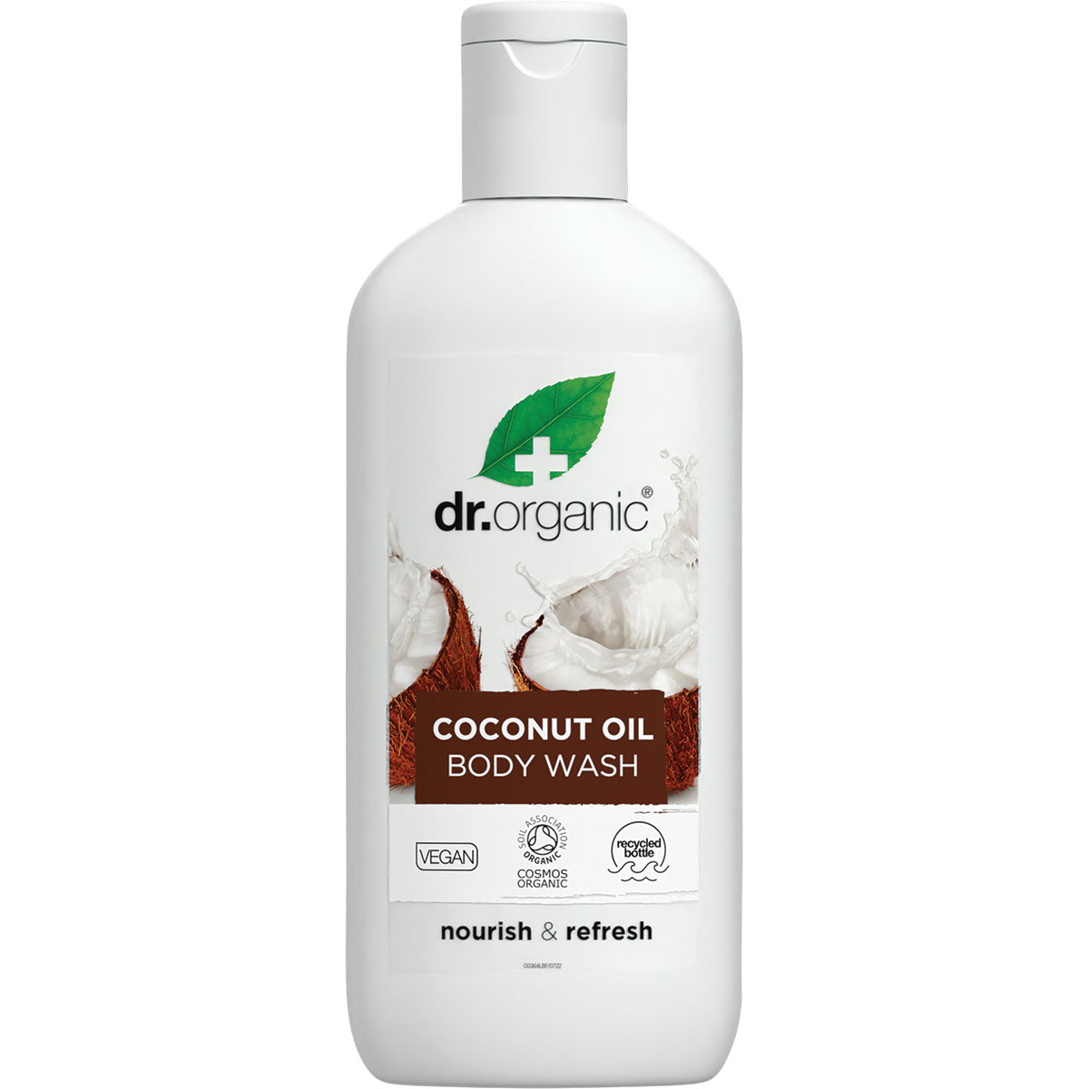 250ml bottle of Dr Organic Virgin Coconut Oil Body Wash featuring a white label with a coconut illustration.