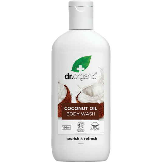 250ml bottle of Dr Organic Virgin Coconut Oil Body Wash featuring a white label with a coconut illustration.