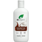 250ml bottle of Dr Organic Virgin Coconut Oil Body Wash featuring a white label with a coconut illustration.