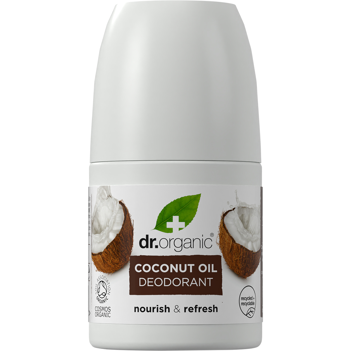 Dr Organic 50ml roll-on deodorant with virgin coconut oil, featuring a white bottle and a tropical coconut label.