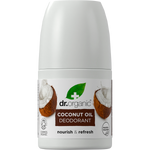 Dr Organic 50ml roll-on deodorant with virgin coconut oil, featuring a white bottle and a tropical coconut label.