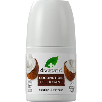 Dr Organic 50ml roll-on deodorant with virgin coconut oil, featuring a white bottle and a tropical coconut label.