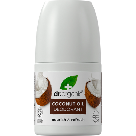 Dr Organic 50ml roll-on deodorant with virgin coconut oil, featuring a white bottle and a tropical coconut label.