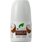 Dr Organic 50ml roll-on deodorant with virgin coconut oil, featuring a white bottle and a tropical coconut label.