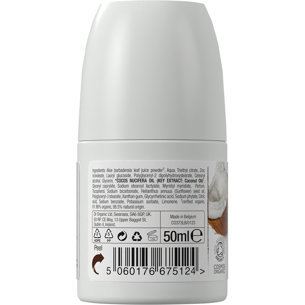 Back of Dr Organic 50ml Coconut Oil roll-on deodorant bottle showing ingredients and directions on a white background.