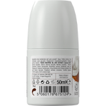 Back of Dr Organic 50ml Coconut Oil roll-on deodorant bottle showing ingredients and directions on a white background.