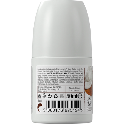 Back of Dr Organic 50ml Coconut Oil roll-on deodorant bottle showing ingredients and directions on a white background.