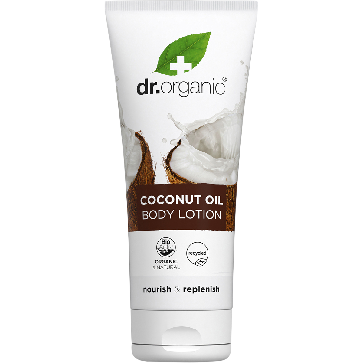 Dr Organic 200ml Virgin Coconut Oil Skin Lotion in a white squeeze tube with a tropical coconut illustration.