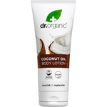 Dr Organic 200ml Virgin Coconut Oil Skin Lotion in a white squeeze tube with a tropical coconut illustration.