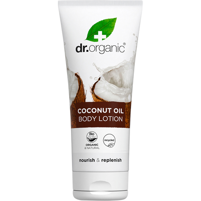 Dr Organic 200ml Virgin Coconut Oil Skin Lotion in a white squeeze tube with a tropical coconut illustration.
