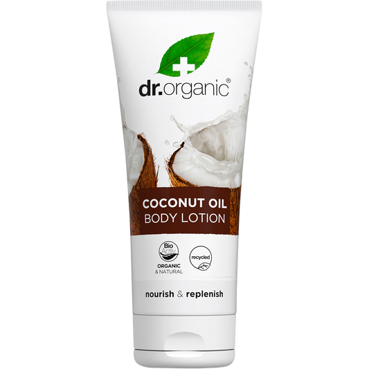 Dr Organic 200ml Virgin Coconut Oil Skin Lotion in a white squeeze tube with a tropical coconut illustration.
