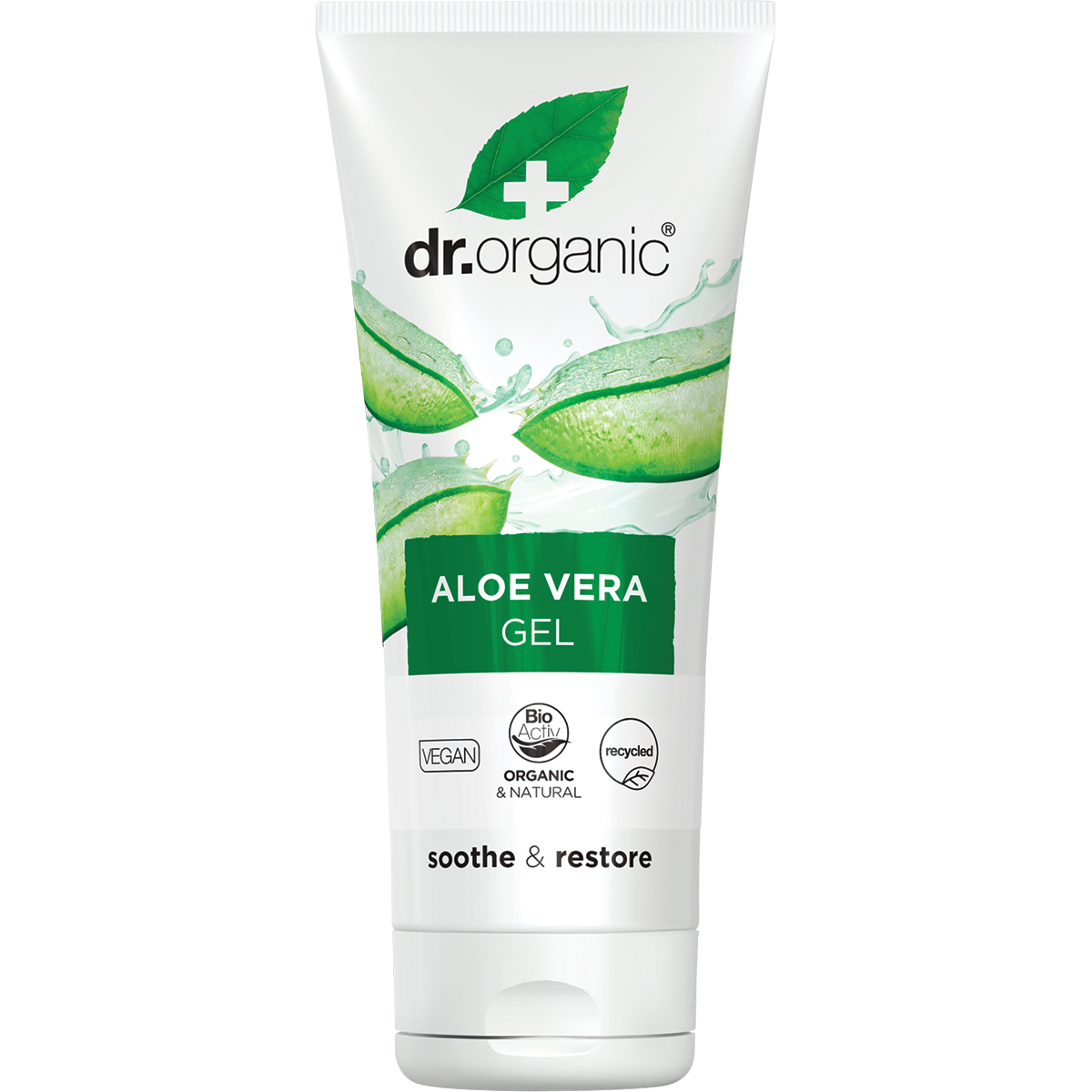 200ml tube of Dr Organic Aloe Vera Gel, a bioactive maximum strength cooling gel for dry and sun-exposed skin.