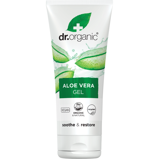 200ml tube of Dr Organic Aloe Vera Gel, a bioactive maximum strength cooling gel for dry and sun-exposed skin.