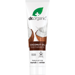 Dr Organic Whitening Coconut Oil Toothpaste 100ml tube with organic aloe vera and peppermint on a white background.