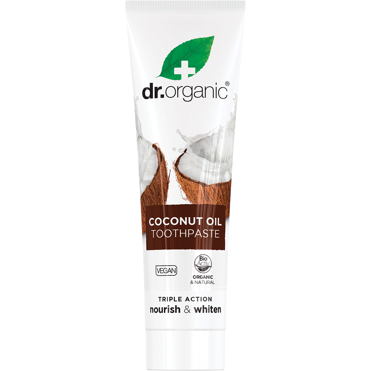 Dr Organic Whitening Coconut Oil Toothpaste 100ml tube with organic aloe vera and peppermint on a white background.