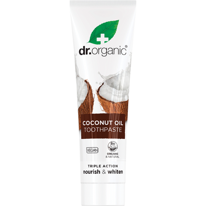Dr Organic Whitening Coconut Oil Toothpaste 100ml tube with organic aloe vera and peppermint on a white background.