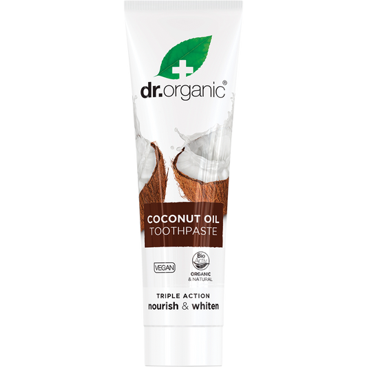 Dr Organic Whitening Coconut Oil Toothpaste 100ml tube with organic aloe vera and peppermint on a white background.