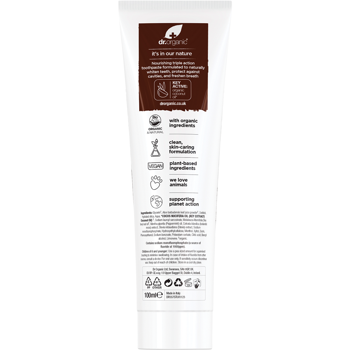 Back of Dr Organic Coconut Oil Toothpaste 100ml tube with nutrition facts, ingredients, and usage directions.