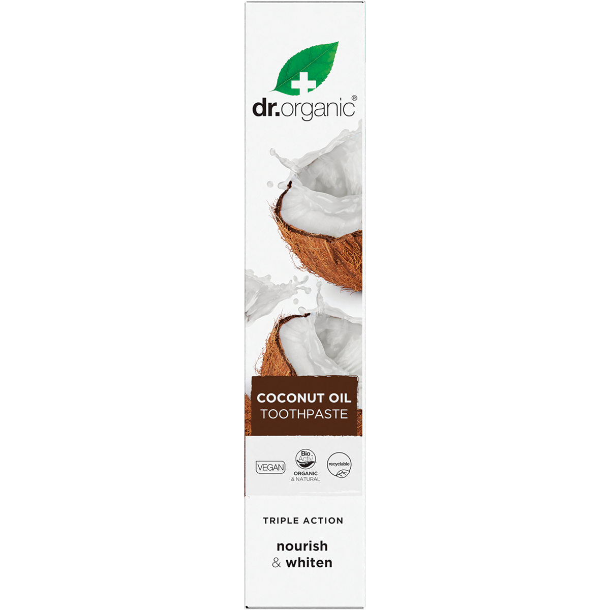 Dr Organic Whitening Coconut Oil Toothpaste 100ml box with coconut and aloe vera illustrations on a white background.