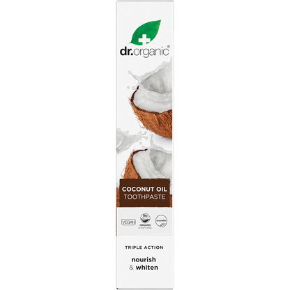 Dr Organic Whitening Coconut Oil Toothpaste 100ml box with coconut and aloe vera illustrations on a white background.