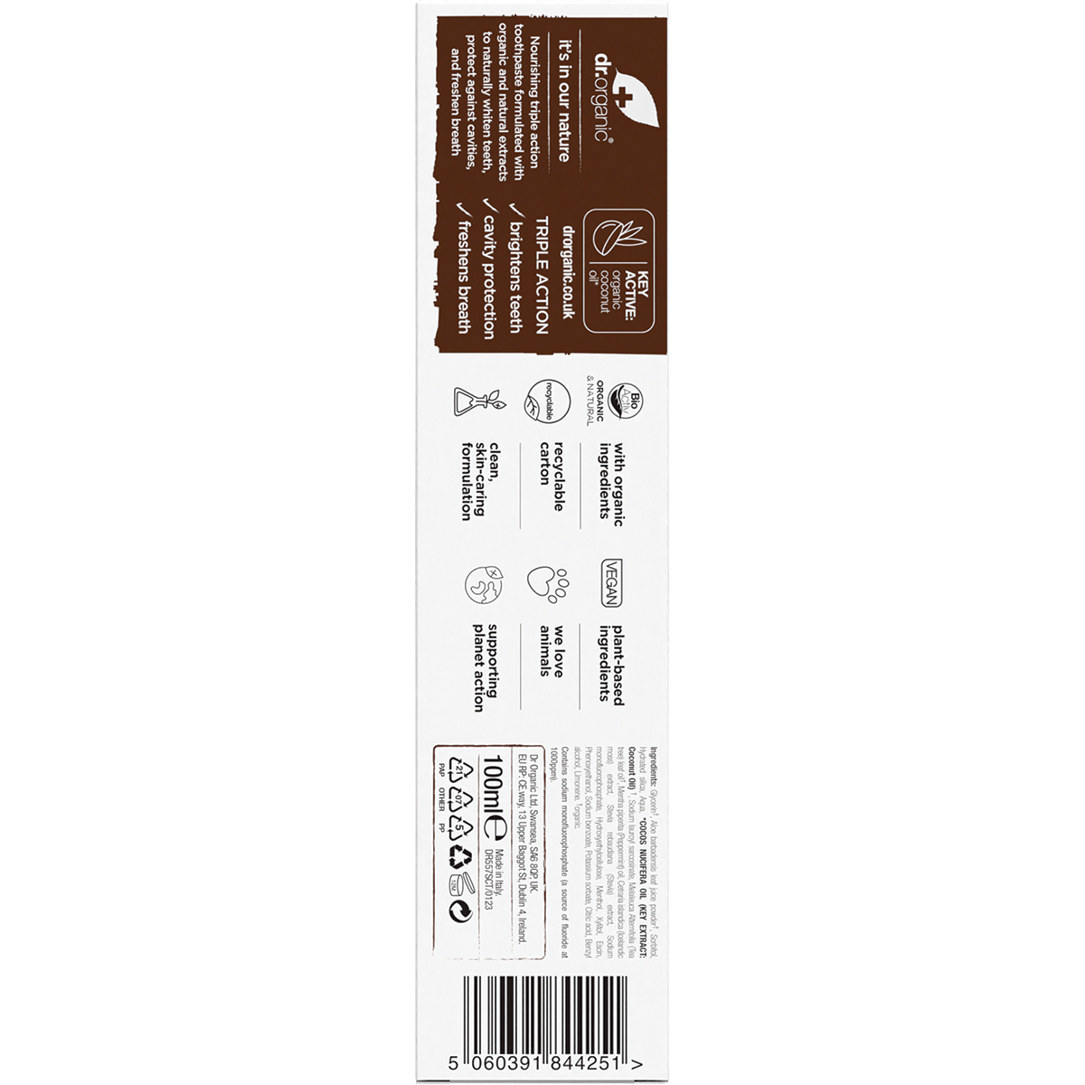 Back of Dr Organic Coconut Oil Toothpaste box with ingredients, directions, and recycling info on a white background.