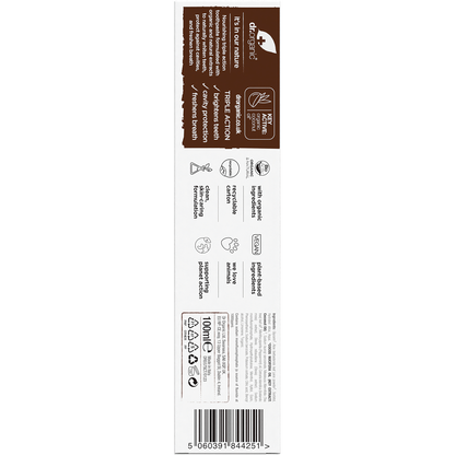 Back of Dr Organic Coconut Oil Toothpaste box with ingredients, directions, and recycling info on a white background.